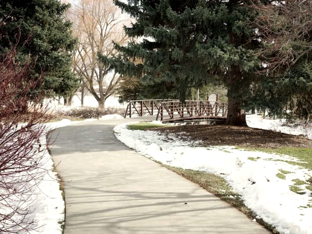 Concrete walkway curving through a park with snow melting along the edges